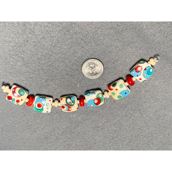 Colorful Lampwork Bead Squares with Red & Blue Dots 13 beads - Picture 6 of 12